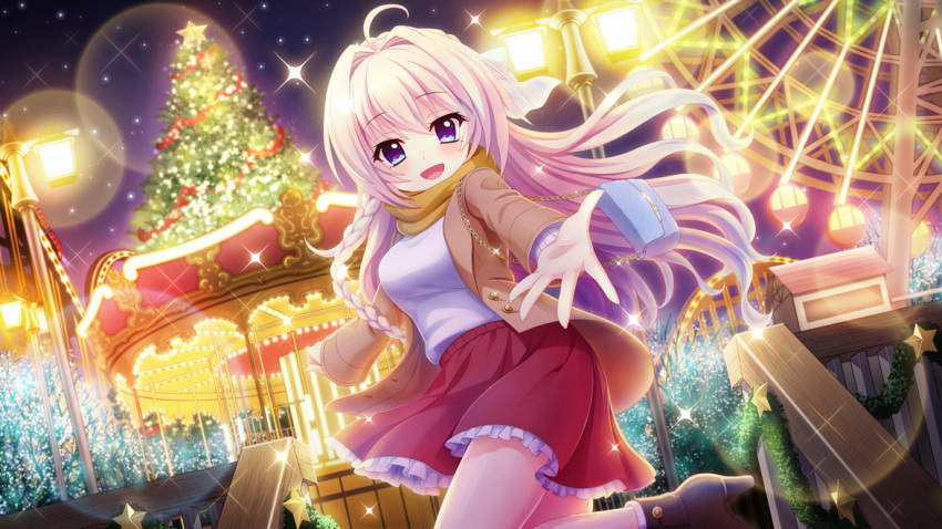 1girl ahoge amusement_park bag black_footwear blonde_hair blue_bag blue_eyes braid breasts brown_coat buttons carousel christmas_lights christmas_tree coat dot_nose dutch_angle ferris_wheel film_grain frilled_skirt frills game_cg hair_intakes handbag high_heels izumi_tsubasu large_breasts lens_flare long_braid long_hair long_sleeves looking_at_viewer mole mole_under_eye night night_sky non-web_source official_art open_mouth outdoors re:stage! reaching reaching_towards_viewer red_skirt roller_coaster scarf shiratori_amaha_(re:stage!) shirt single_braid skirt sky smile solo sparkle standing standing_on_one_leg star_(sky) star_(symbol) starry_sky tinsel white_shirt yellow_scarf
