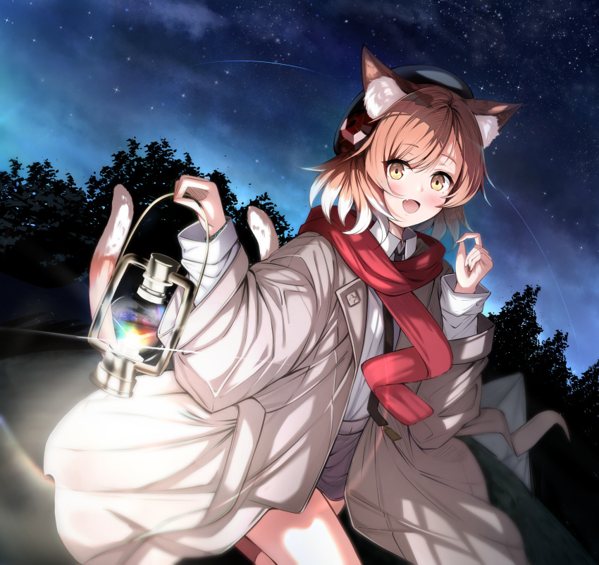 1girl :d absurdres animal_ears arknights beret black_headwear blush brown_eyes brown_hair brown_jacket brown_skirt cat_ears cat_girl cat_tail collared_shirt commentary_request emimeku fang hands_up hat highres holding holding_lantern jacket lantern looking_at_viewer mousse_(arknights) multiple_tails night night_sky open_clothes open_jacket outdoors red_scarf scarf shirt skirt sky smile solo star_(sky) starry_sky tail two_tails white_shirt