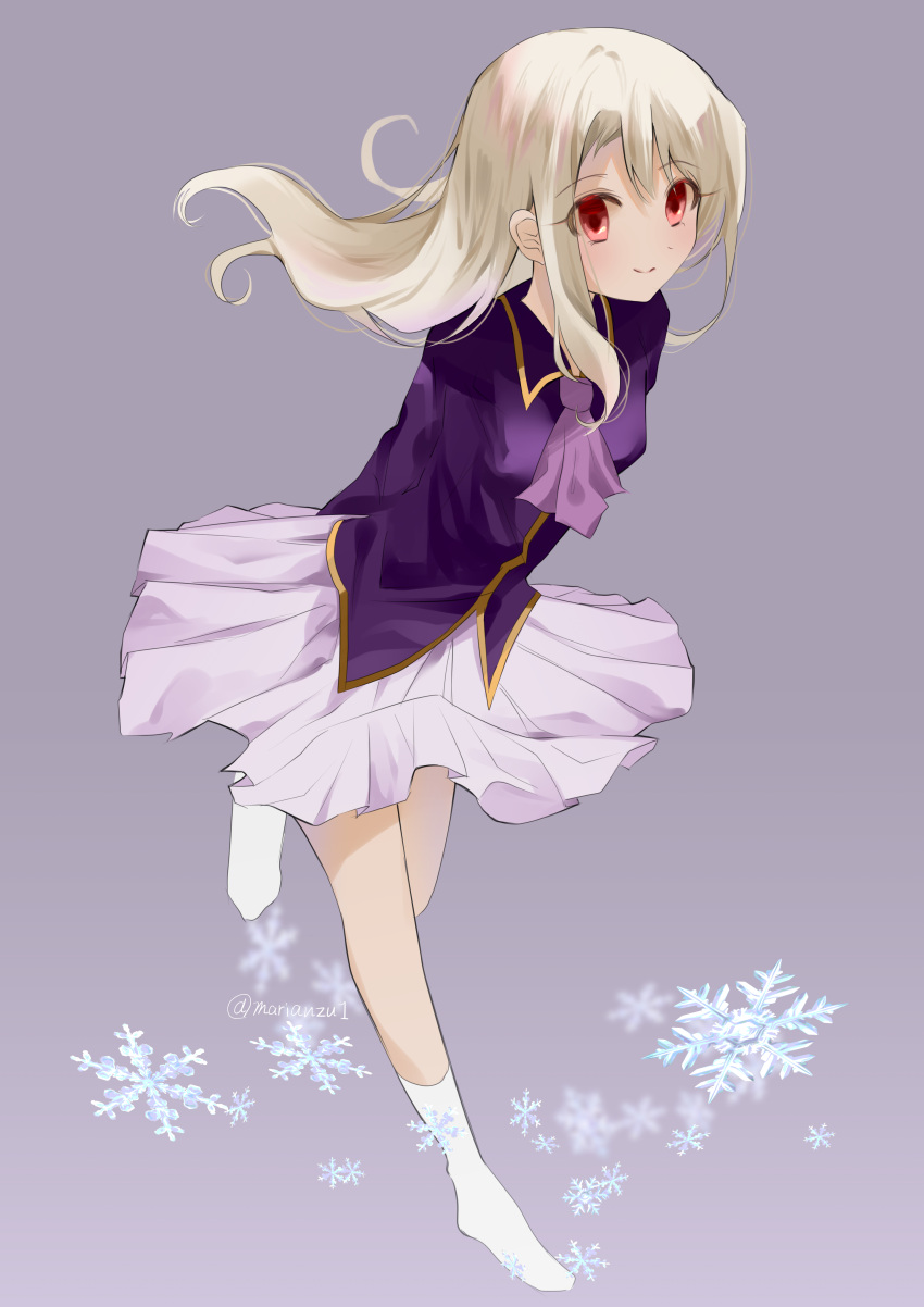 1girl absurdres arms_behind_back ascot blonde_hair blush fate/stay_night fate_(series) full_body grey_background grey_skirt highres illyasviel_von_einzbern jacket long_hair marianzu no_shoes purple_jacket red_eyes simple_background sketch skirt smile socks solo white_socks