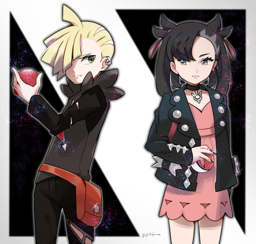1boy 1girl bad_id bad_pixiv_id black_background black_hair blonde_hair ear_piercing ggyoku gladion_(pokemon) hair_over_one_eye highres holding holding_poke_ball hood hoodie jacket looking_at_another marnie_(pokemon) nail_polish open_clothes open_jacket piercing poke_ball poke_ball_(basic) pokemon pokemon_(game) pokemon_sm pokemon_swsh signature sparkle torn_clothes two-tone_background white_background