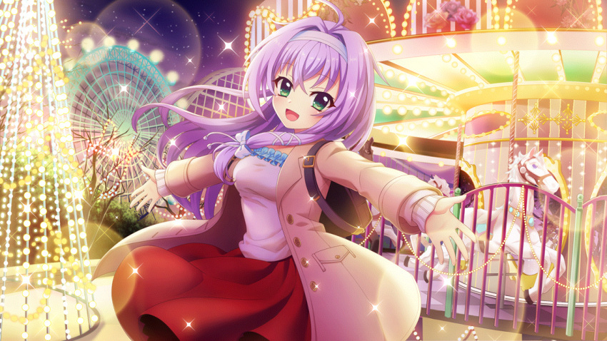 1girl ahoge amusement_park backpack bag black_bag blue_bow blue_hairband blue_ribbon bow breasts brown_coat buttons carousel coat dot_nose ferris_wheel film_grain game_cg green_eyes hair_bow hair_intakes hair_ribbon hairband hokaze_kanade izumi_tsubasu lens_flare long_sleeves looking_at_viewer medium_breasts night night_sky non-web_source official_art open_mouth outdoors outstretched_arms pocket purple_hair re:stage! red_skirt ribbon roller_coaster shirt skirt sky smile solo sparkle star_(sky) starry_sky white_shirt
