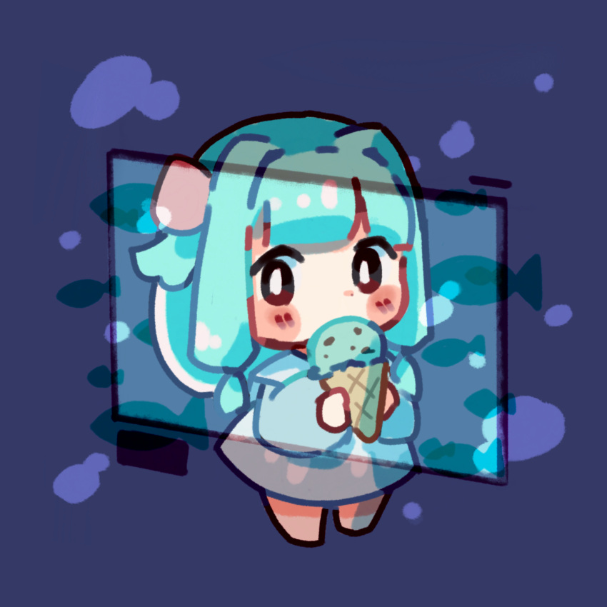 1girl air_bubble alternate_eye_color aquarium black_eyes blue_dress blue_hair blunt_bangs blush_stickers bow bright_pupils bubble chibi collared_dress commentary_request covered_mouth dress eating fish food glass hair_bow hair_intakes highres holding holding_food holding_ice_cream ice_cream kotonoha_aoi long_sleeves looking_at_animal looking_to_the_side moffuffu pink_bow puffy_long_sleeves puffy_sleeves purple_background school_of_fish short_dress sidelocks silhouette solo standing two-handed voiceroid white_pupils