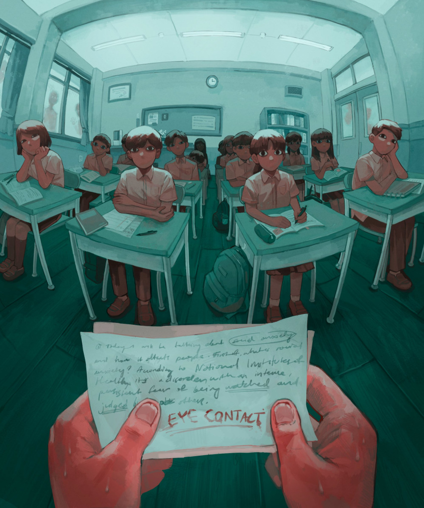 4others 6+boys 6+girls absurdres backpack backpack_removed bag between_fingers chair child classroom clock commentary curtains desk english_commentary english_text glowing glowing_eyes head_rest highres holding holding_paper horror_(theme) indoors kimsugi multiple_boys multiple_girls multiple_others nervous nervous_sweating note on_desk original paper pleated_skirt pov pov_hands school school_bag school_chair school_desk school_uniform sitting sitting_on_desk skirt sweat wooden_floor