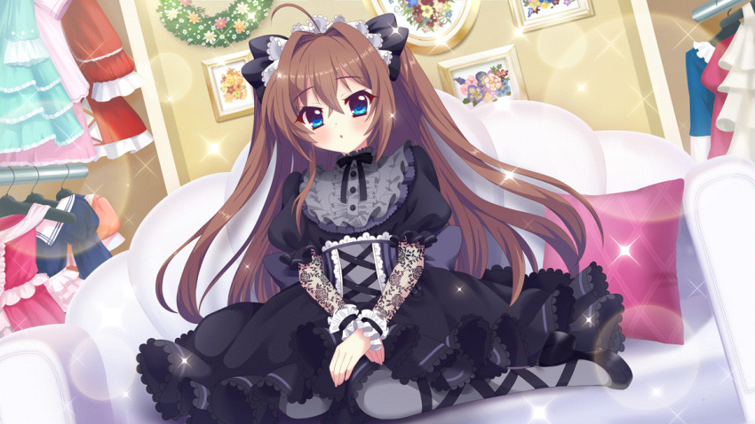 1girl ahoge black_bow black_dress black_footwear black_skirt blue_eyes bow brown_hair clothes_hanger corset couch dot_nose dress dressing_room dutch_angle film_grain frilled_dress frills game_cg grey_pantyhose hair_bow hands_on_lap izumi_tsubasu lace_sleeves lens_flare lolita_fashion long_hair looking_at_viewer non-web_source official_art on_couch painting_(object) pantyhose parted_lips picture_frame pillow platform_footwear platform_heels puffy_short_sleeves puffy_sleeves re:stage! shikimiya_aone short_sleeves sitting skirt solo sparkle two_side_up wariza wreath wrist_cuffs