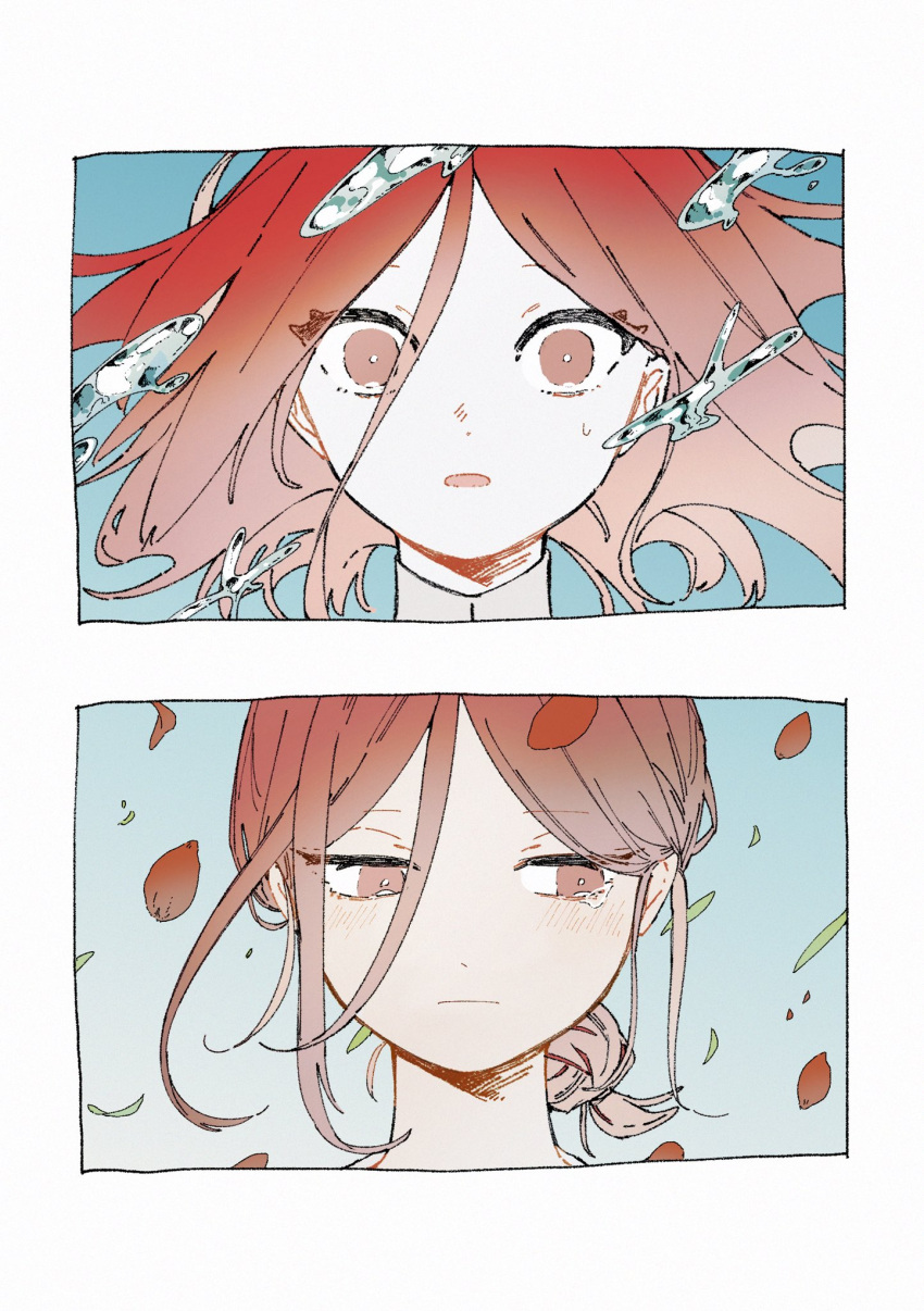 1other androgynous averting_eyes blue_background blush border bright_pupils cinnabar_(houseki_no_kuni) closed_mouth commentary_request falling_petals floating_hair gradient_background hair_between_eyes hair_bun high_collar highres houseki_no_kuni humanization light_frown liquid_metal long_hair mercury_(element) multiple_views open_mouth pale_skin petals portrait red_eyes redhead shiro_(kuro_guu) single_hair_bun surprised sweatdrop tearing_up white_border white_pupils wide-eyed