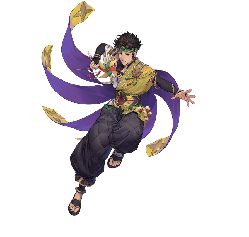 1boy attack baggy_pants bracelet bridal_gauntlets brown_eyes brown_hair claude_von_riegan claude_von_riegan_(winds_offered) fire_emblem fire_emblem:_three_houses fire_emblem_heroes gold_cape headband holding_pinwheel jewelry non-web_source official_alternate_costume official_art pants pinwheel single_bare_shoulder smile solo white_background