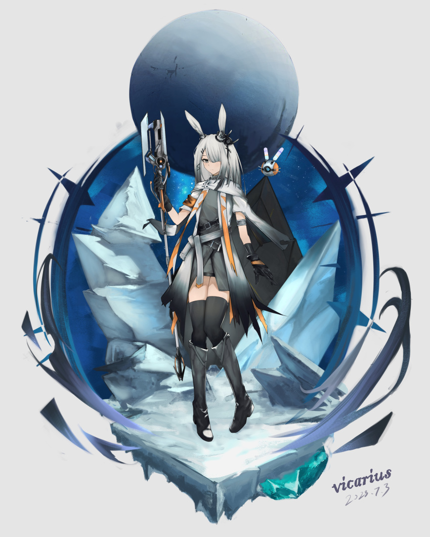 1girl absurdres animal_ears arknights artist_name artist_request black_gloves coat commentary_request dated destiny_(game) frostnova_(arknights) ghost_(destiny) gloves grey_eyes grey_hair hair_ornament hair_over_one_eye hairclip highres holding jacket long_hair looking_at_viewer rabbit_ears shirt simple_background solo tachi-e tagme white_hair
