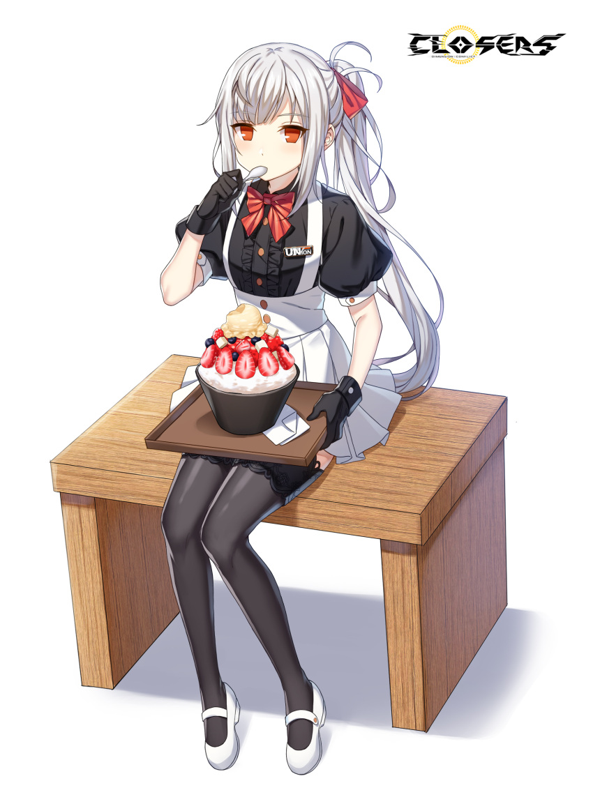 1girl alternate_hair_color badge black_gloves black_shirt black_thighhighs bow bowl bowtie breasts center_frills closers collared_shirt copyright_name eating food frills fruit full_body gloves hair_bow hand_up high-waist_skirt highres holding holding_spoon holding_tray ice_cream knees_together_feet_apart lace-trimmed_thighhighs logo long_hair looking_at_viewer mary_janes miniskirt no_pupils official_art on_bench orange_eyes paper pleated_skirt ponytail puffy_short_sleeves puffy_sleeves red_bow red_bowtie shirt shoes short_sleeves sidelocks single_scoop sitting sitting_on_bench skirt small_breasts solo spoon strawberry strawberry_slice suspender_skirt suspenders tachi-e thigh-highs tina_(closers) tray underbust utensil_in_mouth very_long_hair waitress white_background white_footwear white_hair white_skirt zettai_ryouiki