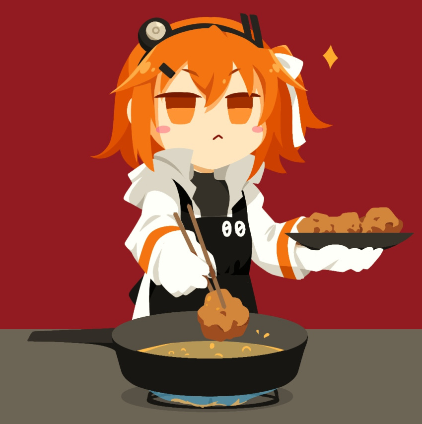 1girl :&lt; a.i._voice adachi_rei apron black_apron black_shirt blush_stickers chopsticks closed_mouth commentary_request cooking cooking_oil fried_chicken frying_pan gloves hair_ornament hair_ribbon hairclip headlamp holding holding_chopsticks holding_plate hood hood_down hooded_jacket jacket jitome long_sleeves looking_at_viewer medium_hair no_pupils no_sclera one_side_up orange_hair plate radio_antenna red_background ribbon shirt simple_background solo sparkle stove table turtleneck upper_body utau v-shaped_eyebrows white_gloves white_jacket white_ribbon yuhshi_(u4)