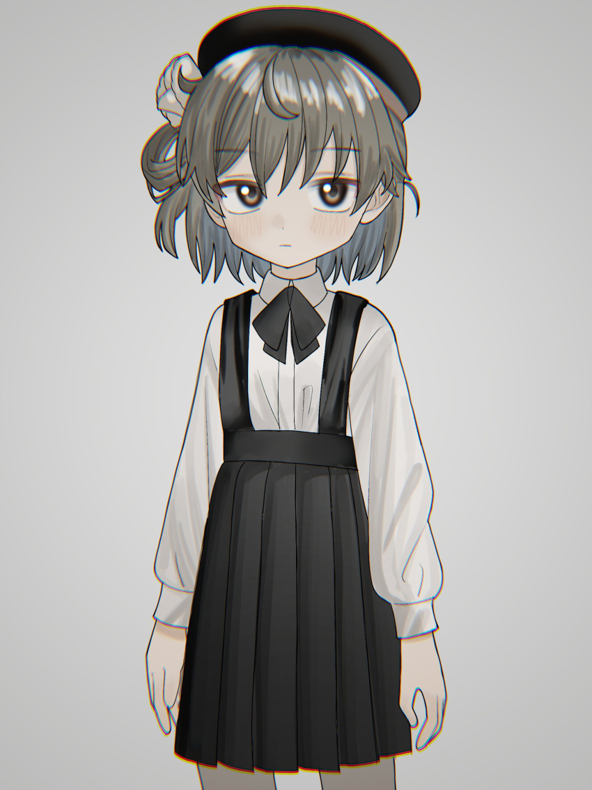 1girl absurdres arms_at_sides bad_id bad_twitter_id beret black_headwear black_ribbon brown_eyes brown_hair chromatic_aberration closed_mouth colored_inner_hair dress_shirt expressionless flower grey_background grey_hair hair_flower hair_ornament hat hatoba_tsugu highres inactive_account light_blush long_sleeves looking_at_viewer multicolored_hair neck_ribbon numamomi pleated_skirt ribbon rose shirt shirt_tucked_in short_hair simple_background single_hair_ring skirt solo standing suspender_skirt suspenders tsugu_(vtuber) virtual_youtuber white_flower white_rose white_shirt