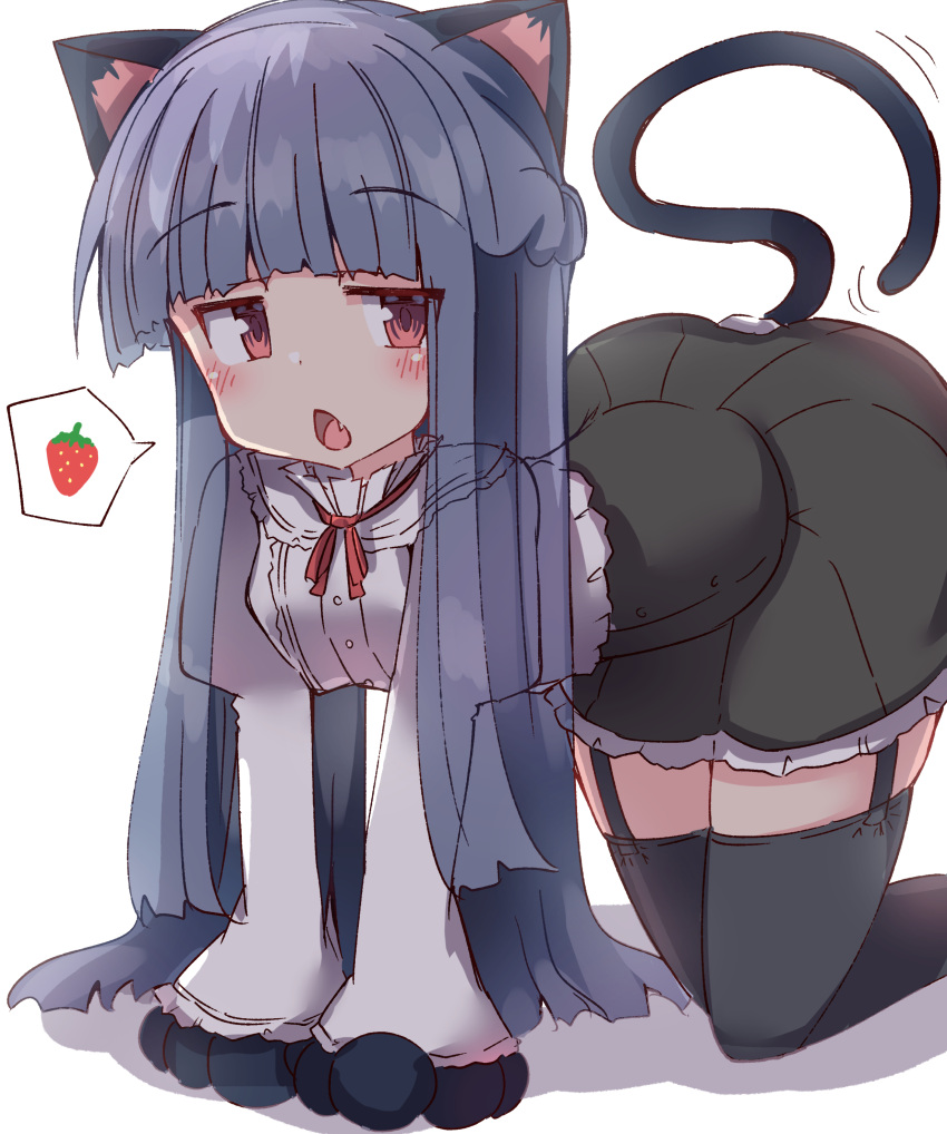 1girl absurdres all_fours animal_ears animal_hands black_gloves black_skirt black_thighhighs blue_hair blush buttons cat_ears cat_girl cat_tail commentary dot_nose fang food frilled_skirt frills fruit gloves highres idolmaster idolmaster_cinderella_girls juliet_sleeves long_hair long_sleeves looking_at_viewer open_mouth paw_gloves puffy_sleeves red_eyes red_ribbon ribbon sajo_yukimi shirt sidelocks skin_fang skirt solo speech_bubble strawberry tail thigh-highs thighs umberblack white_background white_shirt zettai_ryouiki