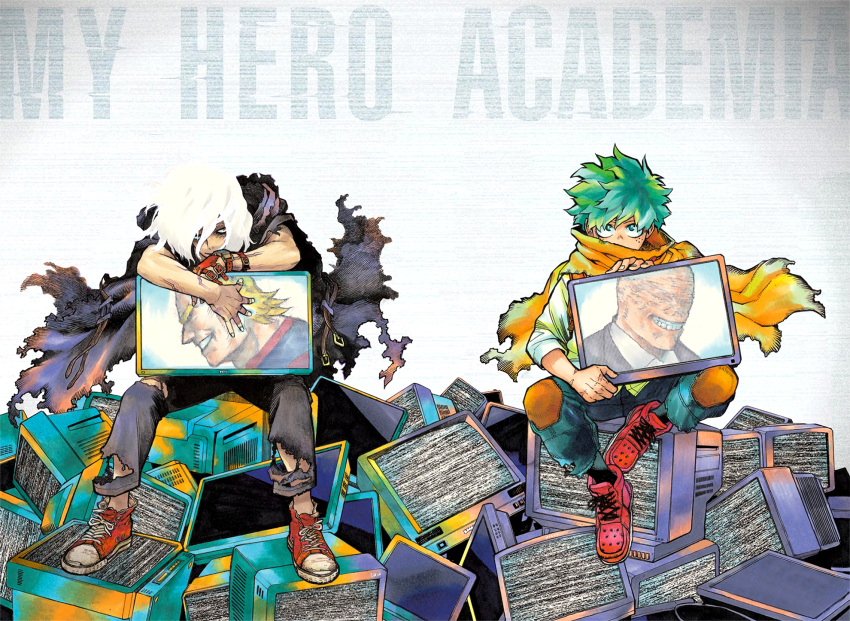 2boys all_for_one_(boku_no_hero_academia) all_might aqua_eyes arm_rest bare_arms belt black_belt black_pants black_socks blonde_hair blue_pants boku_no_hero_academia bright_pupils cape check_clothing commentary copyright_name covered_mouth cracked_skin cross-laced_footwear crt denim detexted english_commentary eyebrows_hidden_by_hair fingernails flat_screen_tv floating_cape freckles gradient_background green_hair hair_between_eyes hand_guard hands_up highres holding holding_television horikoshi_kouhei jeans leaning_forward looking_at_viewer male_focus midoriya_izuku multicolored_hair multiple_boys official_alternate_costume official_art pants pile pressing profile red_eyes red_footwear sanpaku scanlines scar scar_on_arm scar_on_face scar_on_hand screen shigaraki_tomura shirt shoes short_hair sitting sleeves_past_elbows smile sneakers socks spoilers static streaked_hair television text_background third-party_edit third-party_source torn_cape torn_clothes torn_pants white_background white_hair white_pupils wide_shot wrinkled_skin yellow_cape