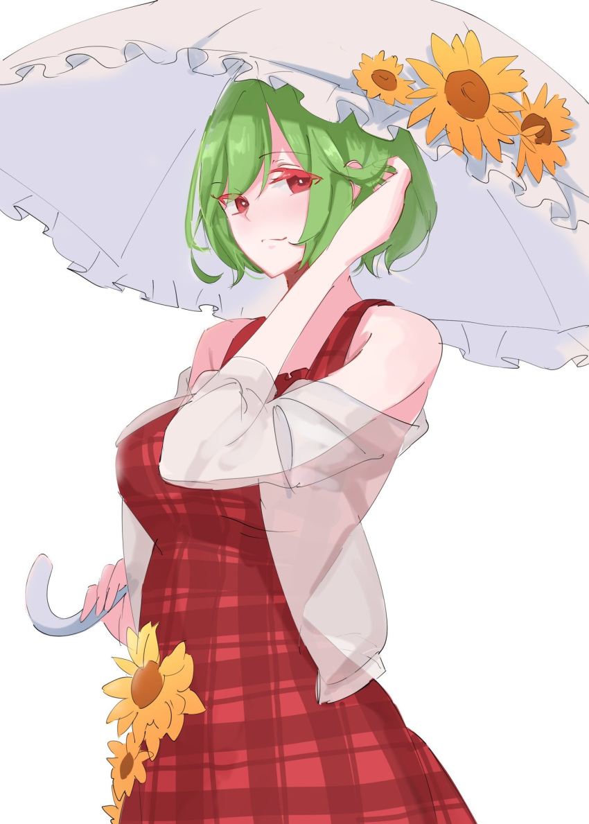 1girl bare_shoulders breasts closed_mouth commentary dress flower green_hair hand_in_own_hair highres holding holding_umbrella kazami_yuuka large_breasts looking_at_viewer parasol plaid plaid_dress red_dress red_eyes short_hair simple_background smile solo sunflower tohoyuukarin touhou umbrella white_background white_umbrella