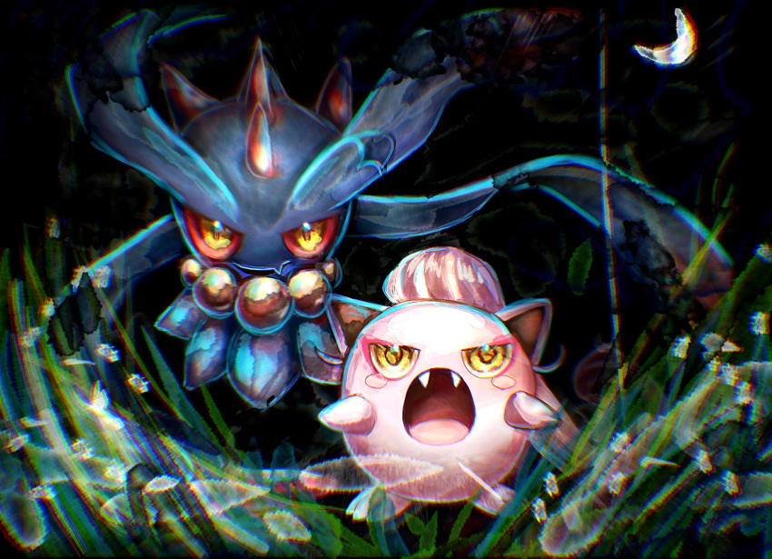 animal_focus black_background blush_stickers chromatic_aberration colored_sclera commentary_request crescent_moon fang fangs floating flutter_mane full_body grass happy highres long_hair moon night no_humans open_mouth outdoors pink_hair pokemon pokemon_(creature) red_sclera scream_tail skin_fang smile standing straight-on tensaitou_tou yellow_eyes