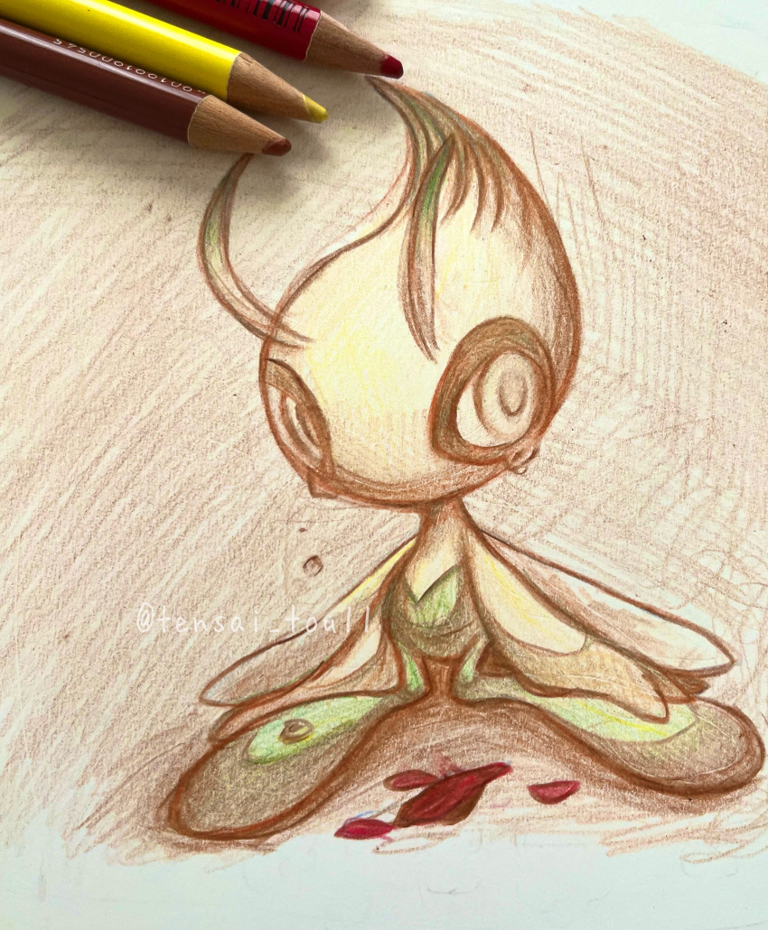 1other absurdres art_tools_in_frame artist_name celebi colored_pencil_(medium) colored_skin commentary fairy fairy_wings full_body green_skin grey_background grey_eyes highres looking_to_the_side multicolored_skin no_humans other_focus pencil petals pokemon pokemon_(creature) sad simple_background sitting sketch tears tensaitou_tou traditional_media twitter_username two-tone_skin watermark wings yokozuwari