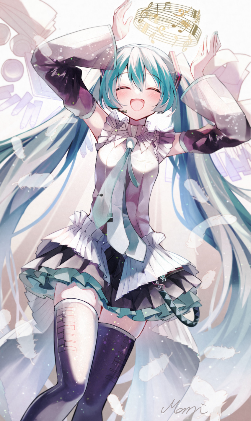 1girl aqua_hair aqua_nails aqua_necktie arms_up black_skirt black_thighhighs closed_eyes detached_sleeves feathers hair_ornament hatsune_miku hatsune_miku_happy_16th_birthday_-dear_creators- highres mani_(second-dimension) musical_note necktie pleated_skirt skirt solo thigh-highs twintails vocaloid white_feathers