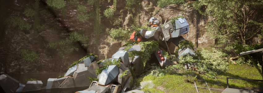 3d damaged english_commentary grass gundam highres jesta lying mecha missile missile_pod mobile_suit_gundam muthshizuki no_humans realistic robot science_fiction tree wreckage
