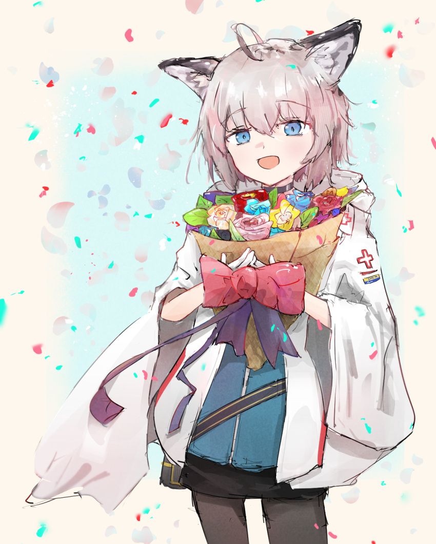 1girl ahoge ald_(arudoo) animal_ears arknights black_choker black_pantyhose black_skirt blue_eyes blue_vest bouquet bow choker coat commentary cowboy_shot fox_ears fox_girl hair_between_eyes happy_birthday highres holding holding_bouquet hood hood_down hooded_coat lab_coat long_sleeves miniskirt open_mouth pantyhose red_bow short_hair skirt solo sussurro_(arknights) vest white_coat