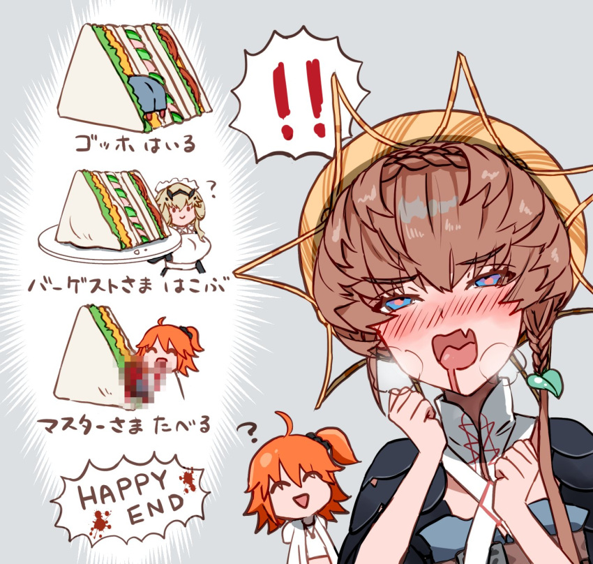 ! !! 3girls ? ahoge apron barghest_(swimsuit_archer)_(fate) belt black_scrunchie black_sleeves blonde_hair blood blue_eyes blue_overalls blush braid breasts brown_hair censored check_translation chibi closed_eyes closed_mouth crown_braid drooling english_text fang fate/grand_order fate_(series) fujimaru_ritsuka_(female) heavy_breathing highres holding holding_tray huge_breasts leggings mosaic_censoring multiple_girls orange_hair orange_headwear overalls puffy_sleeves red_leggings red_pupils sandwiched scrunchie shimogamo_(shimomo_12) short_sleeves side_braid side_ponytail skin_fang small_breasts striped striped_headwear tongue translation_request tray upper_body van_gogh_(fate) vore