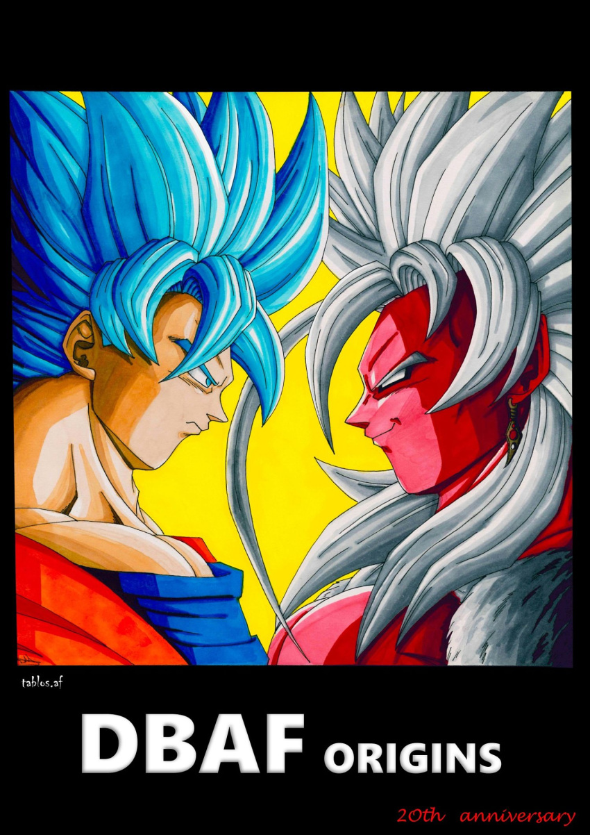 2boys anniversary artist_name black_border blue_eyes blue_hair blue_shirt body_fur border colored_skin commentary dougi dragon_ball dragon_ball_af dragon_ball_super earrings english_commentary face-to-face faceoff frown highres jewelry long_hair male_focus multiple_boys muscular muscular_male no_pupils orange_shirt pectorals red_skin serious shirt smile son_goku spiky_hair super_saiyan super_saiyan_blue tablos_(dragon_ball_af) tablosaf v-shaped_eyebrows white_fur white_hair