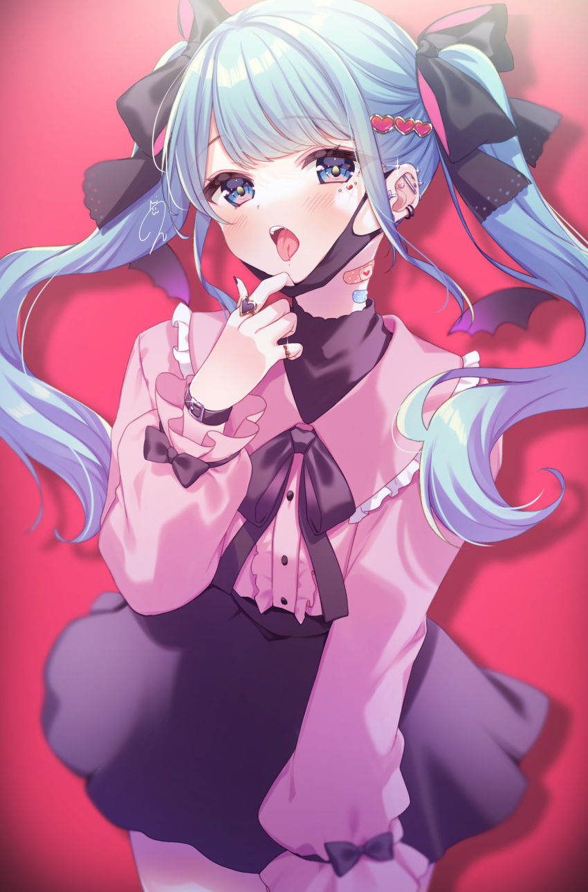 1girl black_bow black_nails black_shirt black_skirt blue_eyes blue_hair bow collared_shirt commentary_request dress_shirt ear_piercing frilled_shirt_collar frills glint hair_bow hair_ornament hand_up hatsune_miku heart heart_hair_ornament highres jewelry kisukekun long_hair long_sleeves mask_pull nail_polish piercing pink_shirt puffy_long_sleeves puffy_sleeves pulled_by_self red_background ring shirt skirt solo standing tongue tongue_out twintails undershirt very_long_hair vocaloid