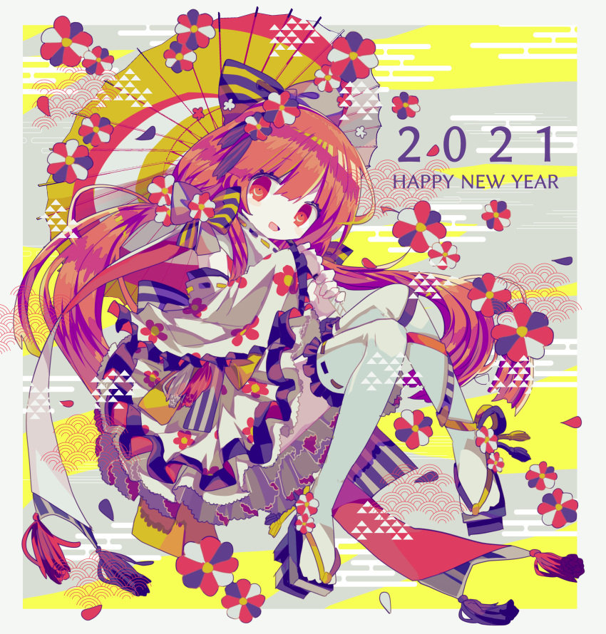 1girl 2021 absurdres blush_stickers bow brown_eyes brown_hair detached_sleeves english_text floral_print frilled_kimono frilled_sleeves frilled_thighhighs frills hair_bow hair_ribbon happy_new_year highres invisible_chair japanese_clothes kimono long_hair long_sleeves new_year no_nose open_mouth original pale_skin ribbon ribbon-trimmed_sleeves ribbon-trimmed_thighhighs ribbon_trim sandals short_kimono sitting smile solo thigh-highs twintails usagi_nui white_kimono white_sleeves white_thighhighs