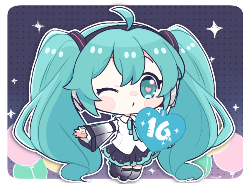 1girl aqua_eyes aqua_hair balloon black_footwear black_skirt black_sleeves blush_stickers boots chibi closed_mouth collared_shirt detached_sleeves full_body hair_between_eyes hatsune_miku heart heart-shaped_pupils long_hair long_sleeves looking_at_viewer najo one_eye_closed pleated_skirt see-through see-through_sleeves shirt signature skirt sleeves_past_wrists solo symbol-shaped_pupils thigh_boots twintails very_long_hair vocaloid white_shirt wide_sleeves