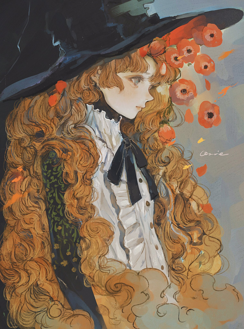 1girl anemone_(flower) black_headwear black_ribbon center_frills commentary_request dress expressionless flower frills grey_eyes hat highres long_hair neck_ribbon orange_hair orie_h original profile ribbon signature sketch solo upper_body very_long_hair wavy_hair white_dress witch_hat