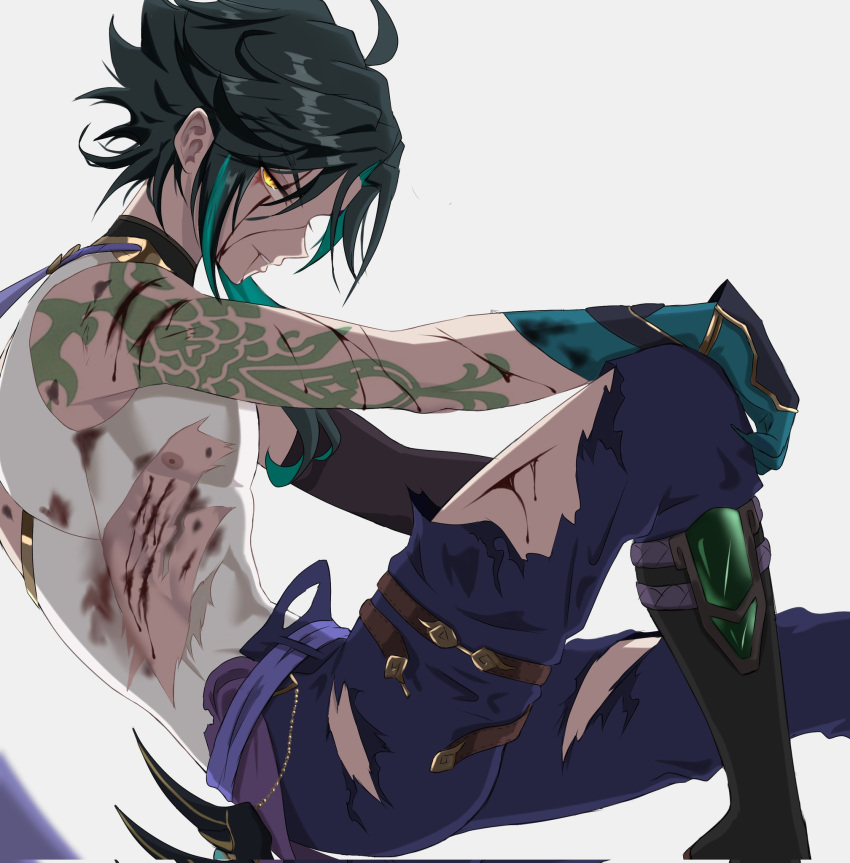 1boy abs ahoge arm_tattoo asymmetrical_clothes bare_shoulders black_hair blood blood_on_chest blood_on_face blood_on_leg blood_on_mouth bloody_clothes boots claws didin_ed genshin_impact gloves glowing_eye green_hair grin lips_parted long_sideburns nipples pants scratches short_hair side_glance slit_pupils smile solo tattoo torn_clothes wound xiao_(genshin_impact) yellow_eyes