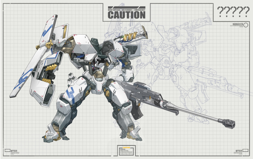 ? ?? absurdres arm_cannon cable caution chinese_commentary chinese_text daniel_zhao english_commentary english_text girls_frontline grid_background highres mecha mechanical_arms mechanical_legs mixed-language_commentary no_humans official_art paradeus projected_inset railgun robot science_fiction shoulder_cannon simple_background translation_request weapon white_armor