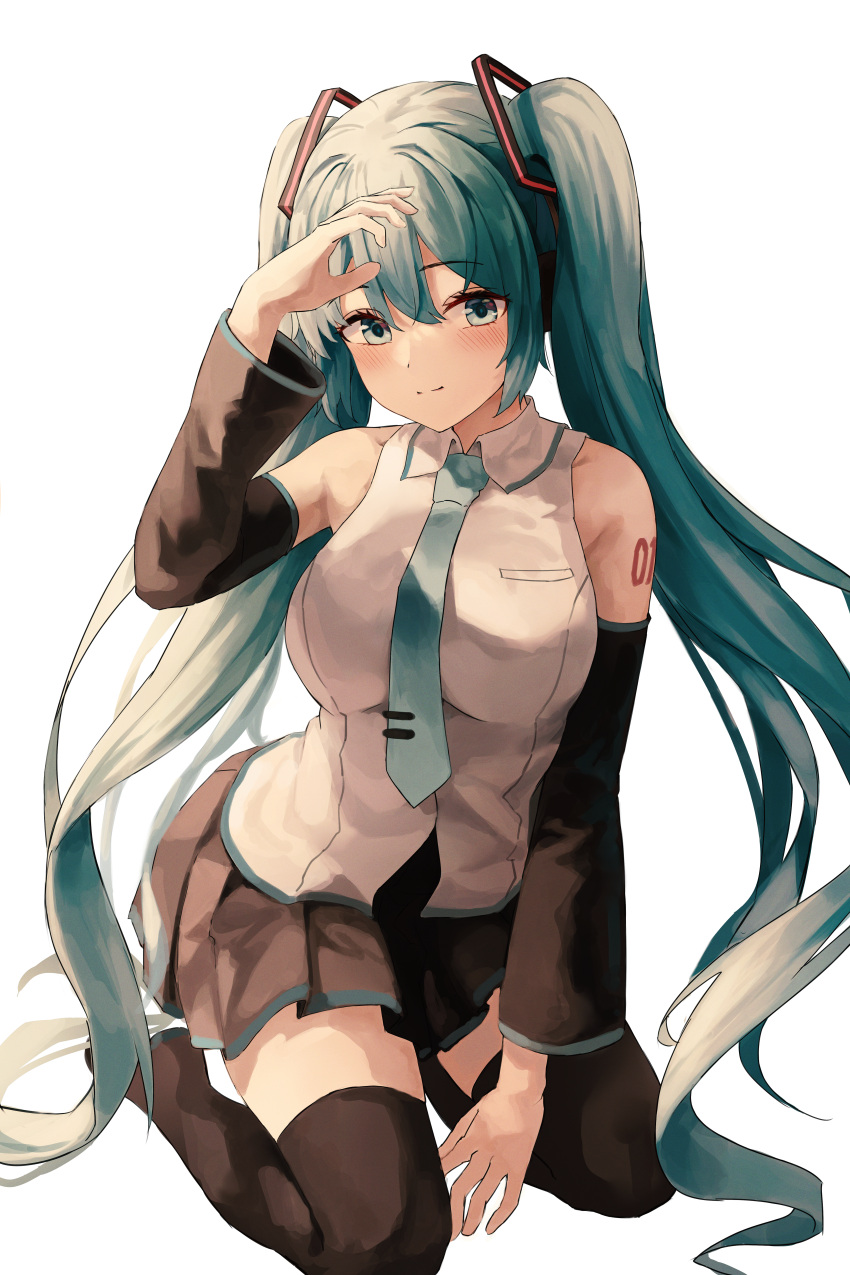 1girl absurdres arm_up bare_shoulders between_legs black_footwear black_skirt black_sleeves blue_eyes blue_hair blue_necktie blush boots breasts closed_mouth collared_shirt commentary_request detached_sleeves hand_between_legs hatsune_miku highres long_hair long_sleeves medium_breasts necktie pleated_skirt seiza shirt simple_background sitting skirt sleeveless sleeveless_shirt smile solo thigh_boots tie_clip twintails very_long_hair vocaloid white_background white_shirt wide_sleeves x4snow