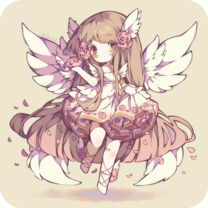1girl angel angel_wings artist_name ballet_slippers blue_eyes blunt_ends blush blush_stickers brown_hair chibi closed_mouth clothes_lift collarbone commission cross-laced_footwear english_commentary eyelashes falling_petals feathered_wings floating floral_print flower frilled_skirt frills gold_trim hair_flower hair_ornament holding holding_petal leaf_print lifted_by_self light_frown littlebluemuffin long_hair looking_at_viewer miniskirt original painttool_sai_(medium) petals pink_flower pink_rose pink_skirt rose shadow shirt short_sleeves sidelocks skirt skirt_lift very_long_hair white_footwear white_shirt white_wings wing_hair_ornament winged_footwear wings yellow_background