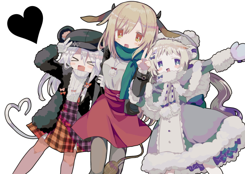 &gt;_&lt; 3girls absurdres animal_ears animal_hat black_headwear black_jacket blonde_hair blue_bow blue_eyes bow breasts bright_pupils capelet closed_eyes colored_eyelashes cow_ears cow_girl cow_tail dress fang flat_chest fur-trimmed_capelet fur-trimmed_dress fur_jacket fur_trim gloves green_scarf grey_capelet grey_dress grey_headwear grey_pantyhose hair_between_eyes hair_bow hat heart highres horns jacket jewelry long_hair medium_breasts mouse_girl mouse_tail multiple_girls necklace no_nose open_clothes open_jacket open_mouth orange_pantyhose original pale_skin pantyhose plaid plaid_skirt pom_pom_(clothes) red_bow red_skirt ribbed_sweater scarf sheep_girl sheep_horns shirt simple_background skin_fang skirt smile sparkle sweater tail turtleneck turtleneck_sweater usagi_nui v white_background white_gloves white_hair white_mittens white_pupils white_shirt white_sweater winter_clothes yellow_eyes