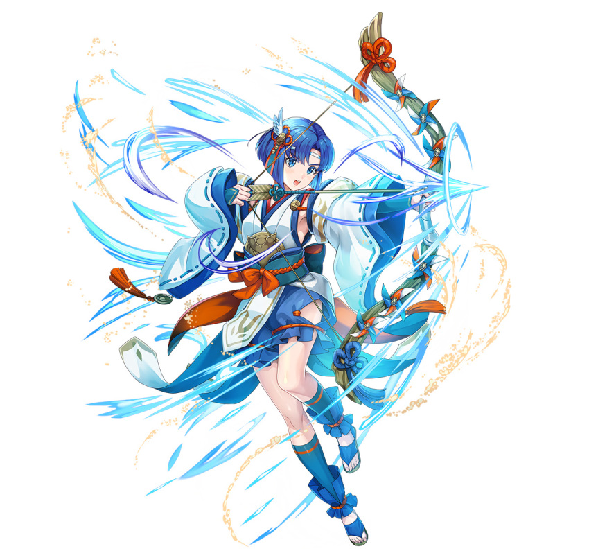1girl aiming arrow_(projectile) attack bare_shoulders blue_eyes blue_hair bow_(weapon) catria_(fire_emblem) catria_(winds_offered)_(fire_emblem) fire_emblem fire_emblem:_mystery_of_the_emblem fire_emblem_heroes headband holding holding_arrow japanese_clothes non-web_source official_alternate_costume official_art open_mouth pelvic_curtain rope sandals shimenawa short_hair sleeves_past_wrists solo v-shaped_eyebrows weapon white_background