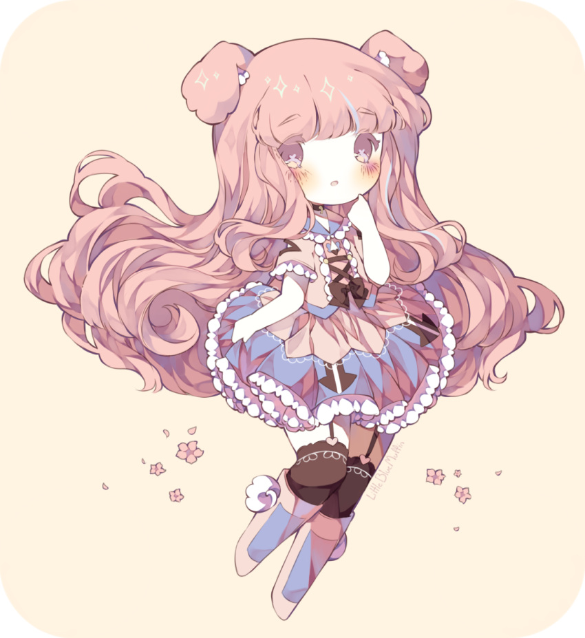 1girl :o animal_ears arrow_print art_trade black_choker black_thighhighs blue_collar blue_skirt blush boots bow brown_bow center_frills cherry_blossoms chibi choker clenched_hand collar collared_shirt colored_eyelashes cross-laced_clothes cross-laced_top english_commentary fayre_(bunbbyart) floppy_ears flower frilled_shirt_collar frilled_skirt frilled_sleeves frills hand_up heart heart_in_eye highres littlebluemuffin long_hair looking_at_viewer making-of_available miniskirt open_mouth original painttool_sai_(medium) petals petticoat pink_eyes pink_flower pink_footwear pink_hair pink_shirt rabbit_ears rabbit_tail rabbit_tail_footwear shirt short_sleeves skirt symbol_in_eye tail thigh-highs very_long_hair waist_bow yellow_background
