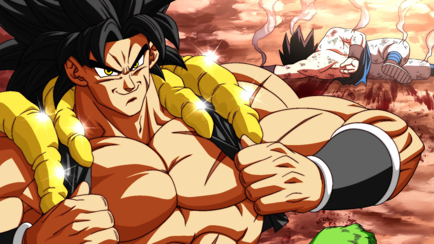 2boys baggy_pants battle_damage black_vest black_wristband blue_sash borrowed_clothes bracer broly_(dragon_ball_super) closed_mouth commentary crimson_x dragon_ball dragon_ball_super dragon_ball_super_broly english_commentary facing_viewer family_guy_death_pose_(meme) fur_(clothing) gogeta green_fur highres holding holding_clothes injury male_focus meme metamoran_vest multiple_boys muscular muscular_male on_ground pants pectorals pelt sash scar scar_on_cheek scar_on_chest scar_on_face smile smoke spiky_hair tan v-shaped_eyebrows vest white_pants yellow_eyes