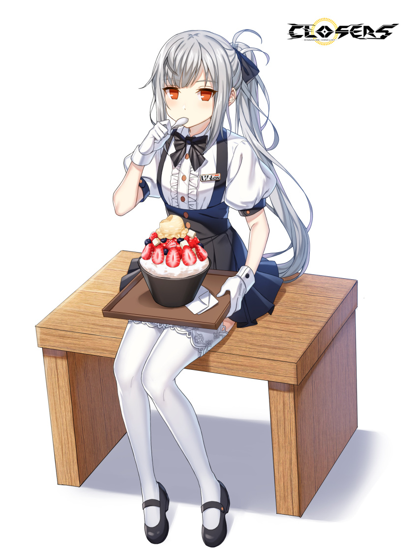 1girl badge black_bow black_bowtie black_footwear black_skirt bow bowl bowtie breasts center_frills closers collared_shirt copyright_name eating food frills fruit full_body gloves grey_hair hair_bow hand_up high-waist_skirt highres holding holding_spoon holding_tray ice_cream knees_together_feet_apart lace-trimmed_thighhighs logo long_hair looking_at_viewer mary_janes miniskirt no_pupils official_art on_bench orange_eyes paper pleated_skirt ponytail puffy_short_sleeves puffy_sleeves shirt shoes short_sleeves sidelocks single_scoop sitting sitting_on_bench skirt small_breasts solo spoon strawberry strawberry_slice suspender_skirt suspenders tachi-e thigh-highs tina_(closers) tray underbust utensil_in_mouth very_long_hair waitress white_background white_gloves white_shirt white_thighhighs zettai_ryouiki