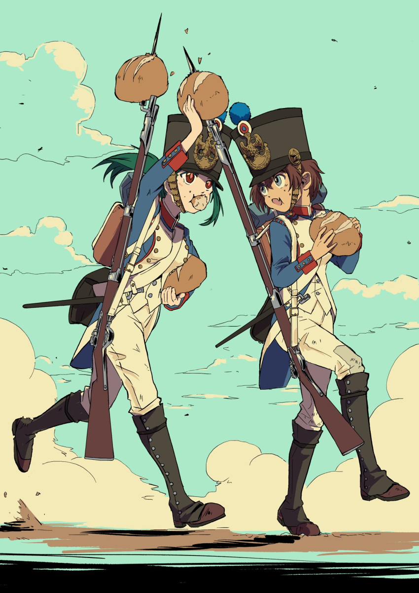 2girls antique_firearm bayonet blue_eyes blue_jacket blue_sky bread brown_hair buttons caplock clouds coattails commentary_request cowboy_shot double-breasted eating epaulettes fang firelock flintlock food france french_army french_clothes full_body gaiters green_hair gun hair_between_eyes hand_on_headwear hat highres holding holding_food jacket long_hair looking_to_the_side military military_hat military_uniform multiple_girls original pants ponytail red_eyes running shako_cap short_hair sky smile soldier sword uniform weapon white_pants zeinikunosekai