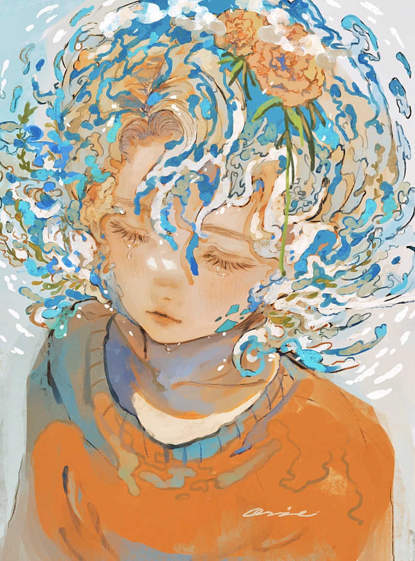 1girl closed_eyes commentary_request crying expressionless flower grey_background grey_hair hair_flower hair_ornament highres liquid_hair orange_sweater orie_h original short_hair signature sketch solo sweater tears water