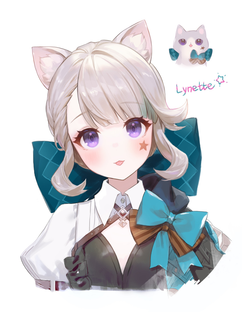 1girl :3 :p adelie_cat animal_ear_fluff animal_ears aqua_bow aqua_hair black_capelet black_leotard blunt_bangs blush bow braid braided_bangs brown_bow capelet cat cat_ears character_name closed_mouth commentary english_commentary eyelashes facial_mark frilled_leotard frills genshin_impact gradient_hair grey_hair highres leotard looking_at_viewer lynette_(genshin_impact) multicolored_hair parted_bangs puffy_sleeves shrug_(clothing) sidelocks simple_background single_braid smile solo star_(symbol) star_facial_mark tongue tongue_out upper_body violet_eyes white_background wing_collar