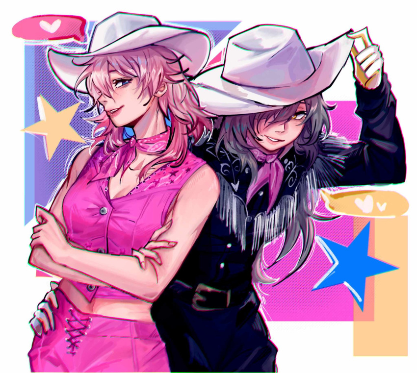 2girls alternate_costume barbie_(character) barbie_(character)_(cosplay) barbie_(franchise) barbie_(live_action) belt black_sleeves breasts cosplay cowboy_hat english_commentary hand_on_another's_hip hat highres honkai:_star_rail honkai_(series) imnotxreitive ken_(barbie) ken_(barbie)_(cosplay) march_7th_(honkai:_star_rail) medium_breasts medium_hair multiple_girls pink_hair pink_scarf scarf simple_background sleeveless smile star_(symbol) stelle_(honkai:_star_rail) trailblazer_(honkai:_star_rail) white_headwear yellow_eyes