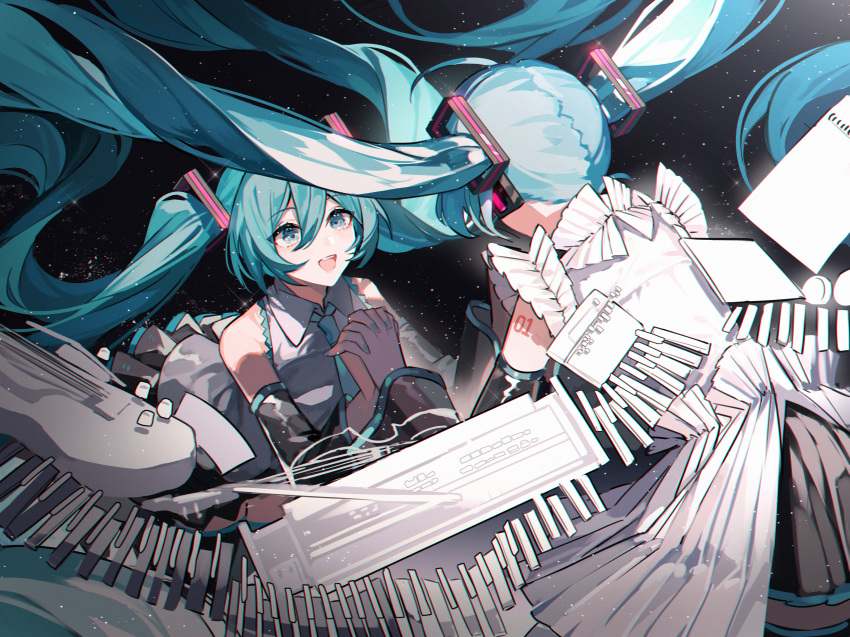 2girls :d absurdres bare_shoulders black_skirt black_sleeves blue_eyes blue_hair blue_nails blue_necktie blush character_request collared_shirt commentary_request detached_sleeves dual_persona facing_away grey_shirt hair_between_eyes hatsune_miku highres holding_hands interlocked_fingers kazenemuri long_hair long_sleeves looking_at_another multiple_girls necktie pleated_skirt shirt sidelocks skirt sleeveless sleeveless_shirt smile space star_(sky) teeth twintails upper_teeth_only very_long_hair vocaloid wide_sleeves