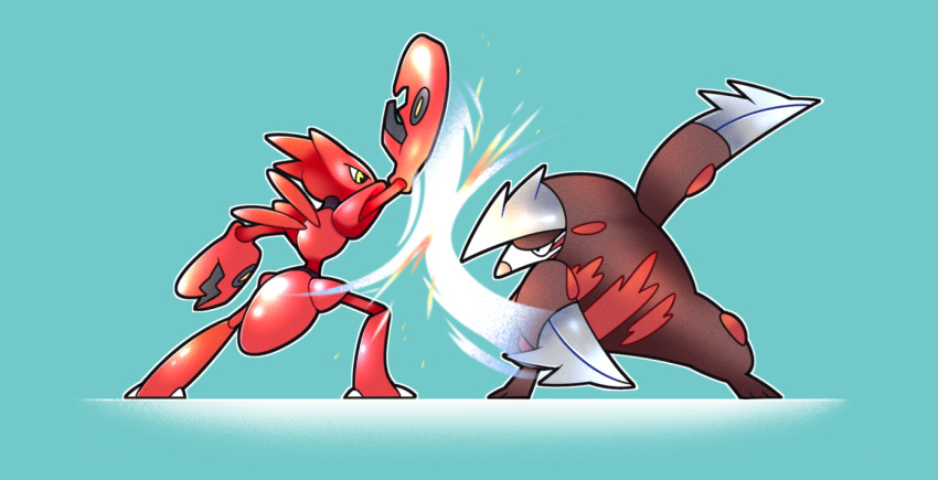 battle blue_background brown_fur claws commission excadrill full_body looking_at_another no_humans pokemon pokemon_(creature) scizor simple_background vergolophus wings yellow_eyes