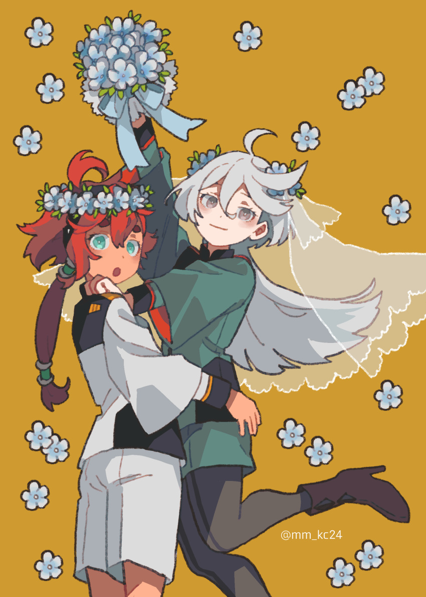 2girls absurdres ahoge aqua_eyes asticassia_school_uniform black_footwear black_hairband blue_flower blush boots bouquet cowboy_shot dou_(mame_eee) flower green_jacket green_shorts grey_eyes grey_hair gundam gundam_suisei_no_majo hair_between_eyes hair_flower hair_ornament hairband hand_on_another's_shoulder hand_on_another's_waist high_heel_boots high_heels highres holding holding_bouquet jacket long_hair long_sleeves looking_at_viewer low_ponytail miorine_rembran multi-tied_hair multiple_girls open_mouth pantyhose redhead school_uniform short_hair_with_long_locks shorts shoulder_boards simple_background smile suletta_mercury thick_eyebrows white_jacket white_shorts wide-eyed wife_and_wife yellow_background yuri
