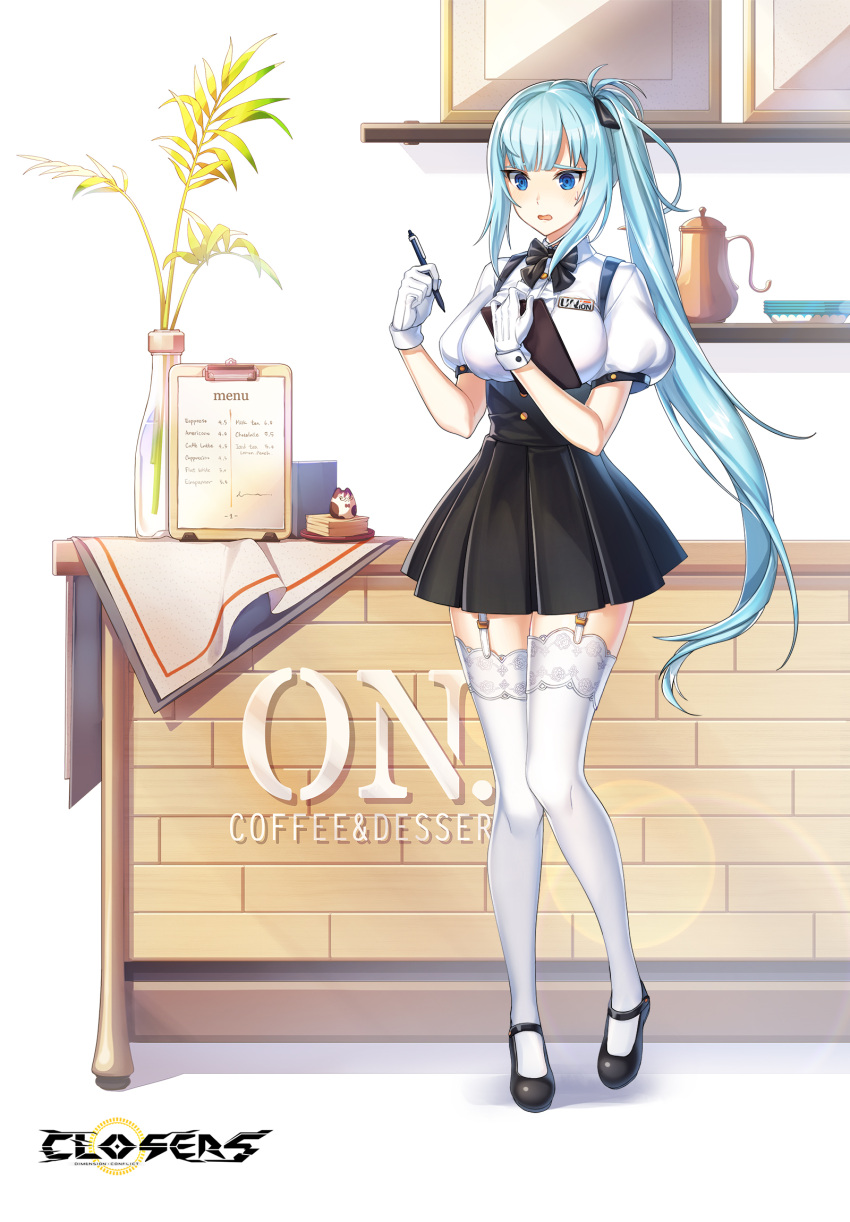 1girl badge black_bow black_bowtie black_footwear black_skirt blue_eyes blue_hair blush bow bowtie breasts center_frills clipboard closers coffee_pot collared_shirt copyright_name counter embarrassed frills full_body furrowed_brow garter_straps gloves hair_bow hands_up heel_up high-waist_skirt highres holding holding_clipboard holding_pen knees_together_feet_apart lace-trimmed_thighhighs large_breasts leaf lens_flare lens_flare_abuse logo long_hair looking_down mary_janes menu miniskirt official_art pen picture_frame plate plate_stack pleated_skirt ponytail puffy_short_sleeves puffy_sleeves shelf shirt shoes short_sleeves sidelocks skirt solo square_mouth standing suspender_skirt suspenders sweatdrop thigh-highs underbust vase very_long_hair violet_(closers) waitress white_background white_gloves white_shirt white_thighhighs zettai_ryouiki