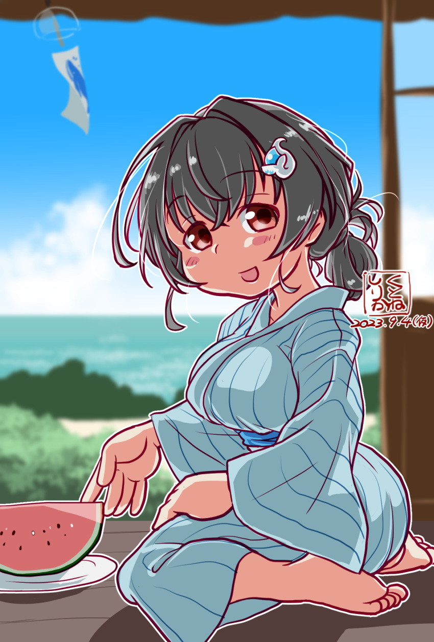 1girl alternate_costume artist_logo barefoot black_hair blue_kimono blue_sky breasts clouds dated folded_ponytail food fruit hair_ornament hairclip highres horizon japanese_clothes jingei_(kancolle) kantai_collection kimono kutone_shirika large_breasts long_hair low_ponytail ocean red_eyes sky solo striped striped_kimono watermelon whale_hair_ornament wind_chime wooden_floor yukata