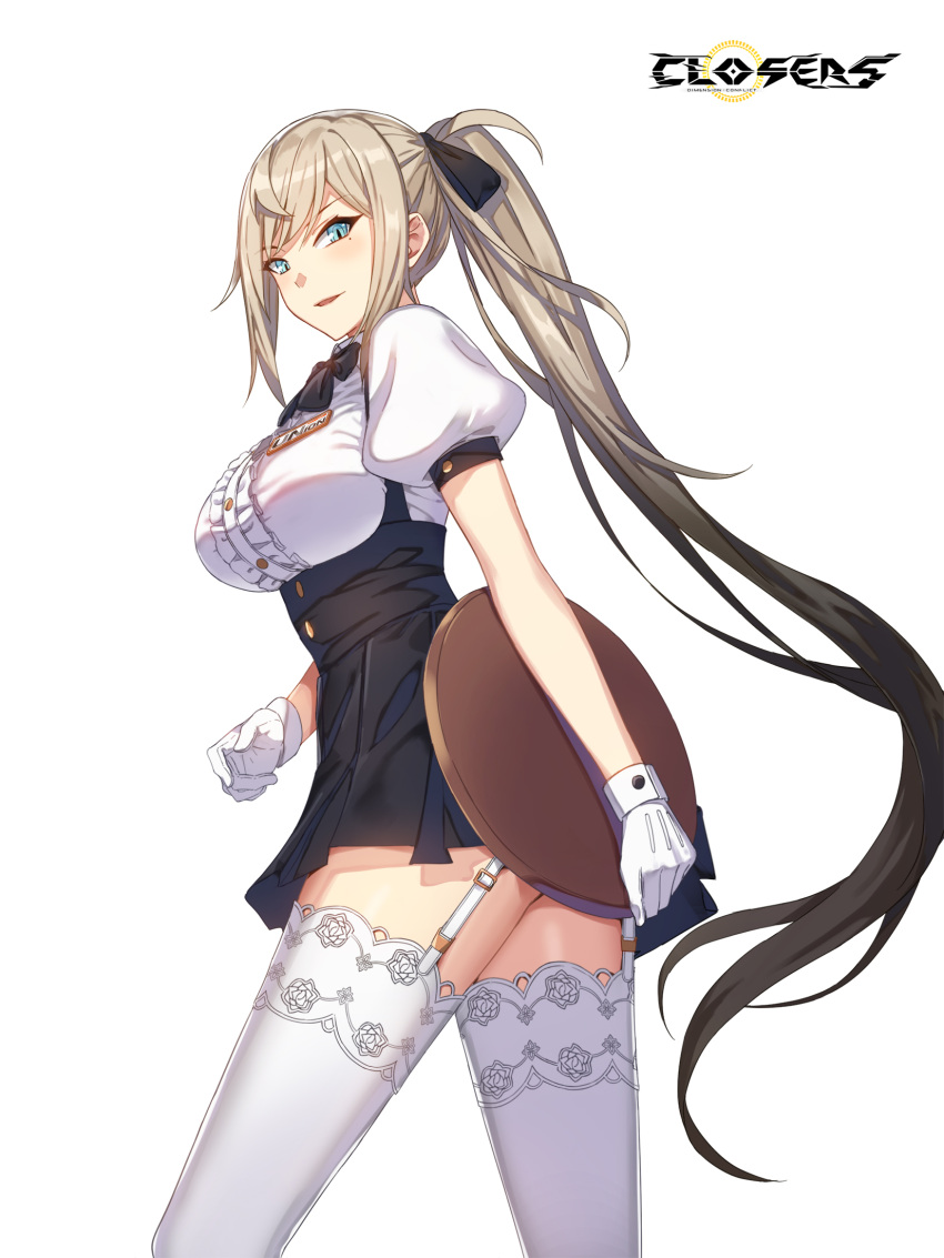 1girl badge black_bow black_bowtie black_hair black_skirt blonde_hair blue_eyes bow bowtie breasts center_frills closers collared_shirt copyright_name covering covering_ass cowboy_shot frills from_side garter_straps gloves gradient_hair hair_bow harpy_(closers) high-waist_skirt highres holding holding_tray lace-trimmed_thighhighs large_breasts logo long_hair looking_at_viewer looking_to_the_side miniskirt mole mole_under_eye multicolored_hair official_art parted_lips pleated_skirt ponytail puffy_short_sleeves puffy_sleeves shirt short_sleeves sidelocks skirt smile solo suspender_skirt suspenders thigh-highs tray underbust very_long_hair waitress walking white_background white_gloves white_shirt white_thighhighs zettai_ryouiki