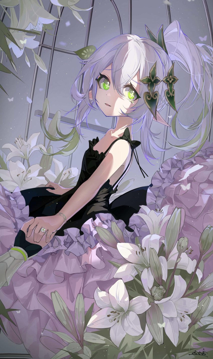 1girl :d absurdres aether_(genshin_impact) ai_dongdong alternate_costume bare_back black_dress bracelet cage collarbone commentary_request dress field flower flower_field frilled_dress frills from_side genshin_impact gradient_hair green_eyes hair_between_eyes hair_ornament head_tilt highres holding_hands jewelry leaf_hair_ornament long_hair looking_at_viewer looking_to_the_side multicolored_hair nahida_(genshin_impact) out_of_frame parted_lips pointy_ears pov pov_hands reaching reaching_towards_viewer ring side_ponytail sidelocks sleeveless smile spaghetti_strap streaked_hair symbol-shaped_pupils tearing_up two-tone_hair white_hair