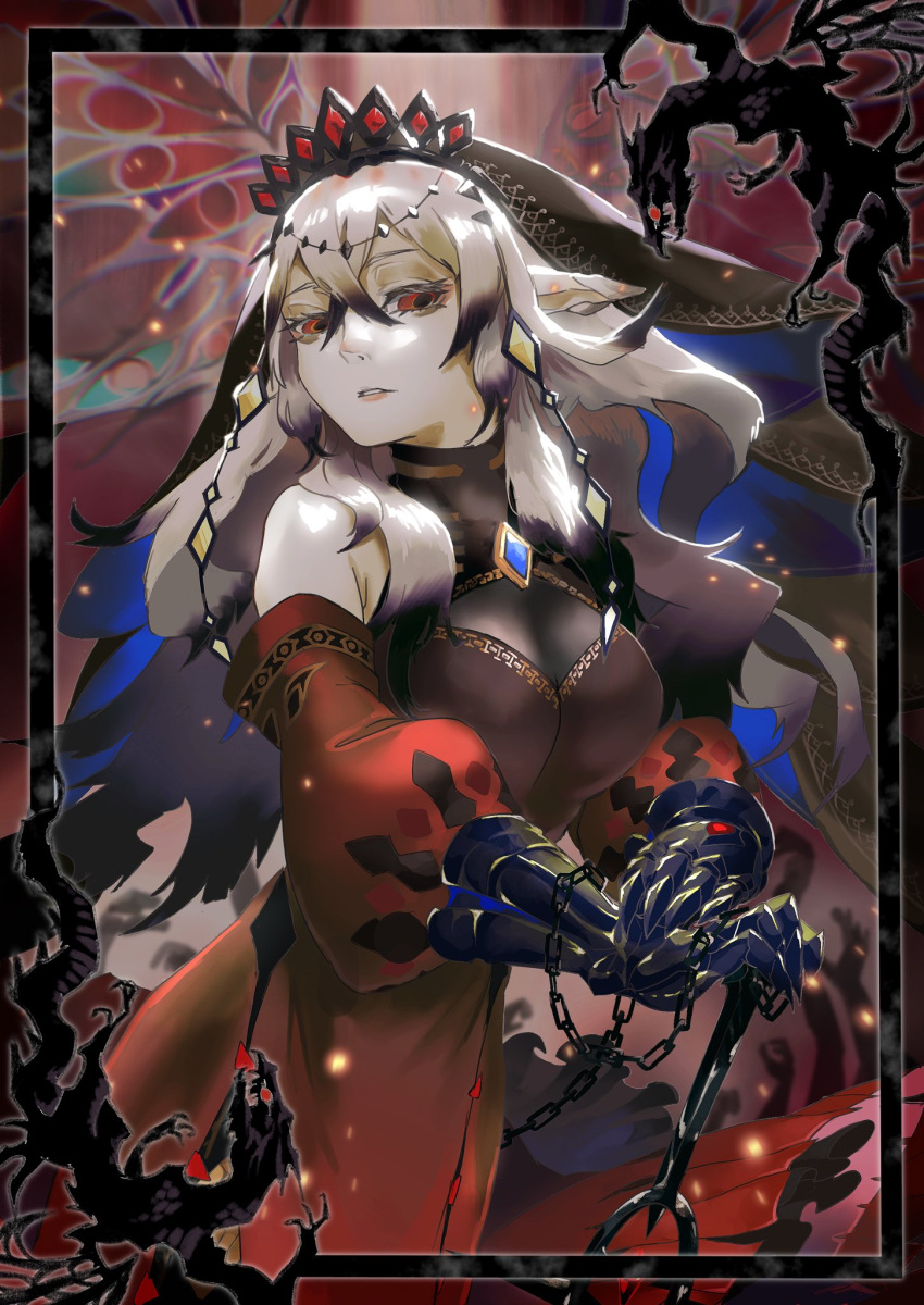 1girl bare_shoulders blazing_cartesia_the_virtuous breasts chinchira cleavage_cutout clothing_cutout colored_skin cowboy_shot detached_sleeves dress duel_monster ecclesia_(yu-gi-oh!) gauntlets hair_between_eyes highres holding holding_sword holding_weapon large_breasts long_hair pointy_ears red_dress red_eyes solo sword tiara turtleneck_dress veil weapon white_hair white_skin yu-gi-oh!