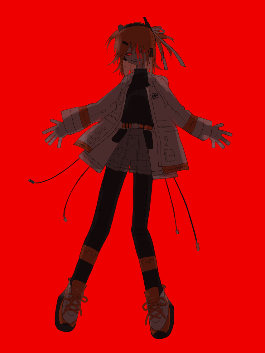 1girl a.i._voice absurdres adachi_rei backlighting belt belt_pouch black_leggings bleeding_from_forehead blood blood_on_face cable commentary crazy_smile floating_hair full_body gloves grey_shorts hair_over_one_eye hair_ribbon half-closed_eyes headlamp headphones highres jacket leggings long_sleeves medium_hair one_side_up open_hands open_mouth orange_belt orange_hair outstretched_arms overskirt pouch radio_antenna red_background ribbon shoes shorts simple_background smile sneakers solo spread_arms tatsu_(soto) utau white_gloves white_jacket white_ribbon